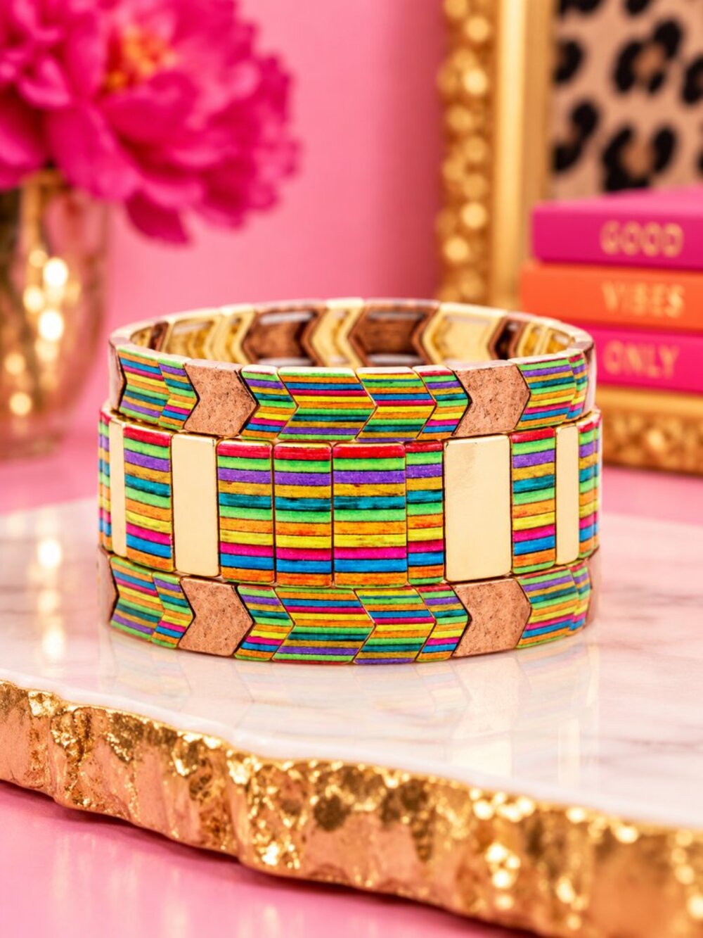 3PC Tile Block Rainbow Colorful SET Stretch Stackable Bracelets Bundle Boutique